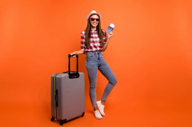 Finaly I go on islands concept. Full length body size photo of satisfied good enjoying free time girl waiting in line at airport isolated bright color background clipart