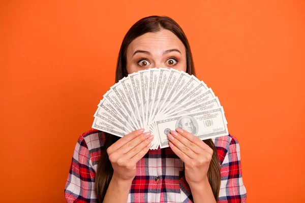 Millionaire can become everyone you must just do concept. Closeup photo of astonished pretty smart clever girl showing pile on money in her hands isolated bright color background — Stock Photo, Image