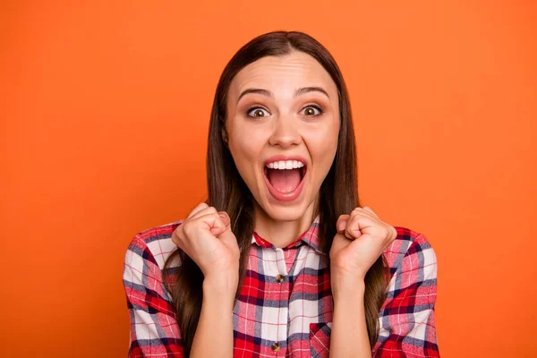 Hot discounts black friday concept. Close up photo portrait of pretty funny funky teen fan looking at pop start she adores isolated bright color background — Stock Photo, Image