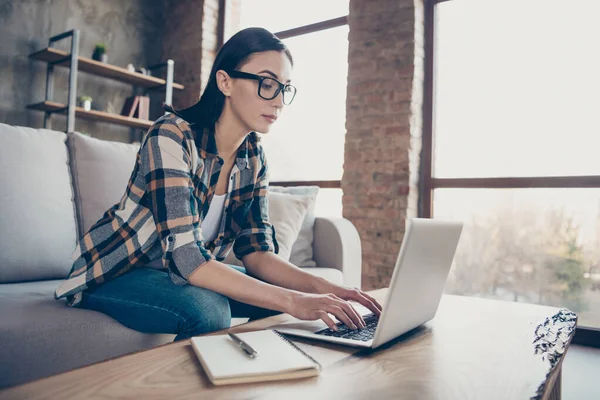 Foto de senhora de negócios bonita mensagens colegas notebook trabalhando em casa caneta preparada e planejador para notar detalhes da inicialização usar roupas casuais sentar sofá dentro de casa — Fotografia de Stock