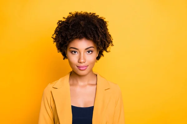 Close-up portrait of her she nice-looking attractive lovely charming pretty cute calm content wavy-haired girl isolated over bright vivid shine vibrant yellow color background — 스톡 사진