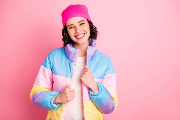 Closeup photo of nice lady glad to feel spring warmth wear warm colored coat isolated pink background — Stock Photo, Image