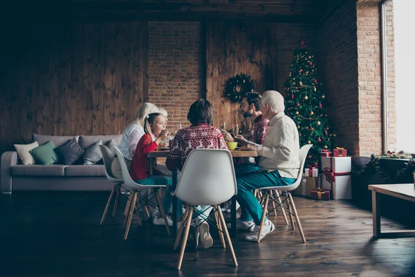 Arka arka görünümü arkasında. Noel aile toplantısı. Güzel çok güzel gri saçlı dedesi, oğlu, kızı, akrabaları evi bayram, öğle yemeği masada oturan alkış, tost, şarap kadehi, yurtiçi hasıla sevinç eğlenceli — Stok fotoğraf