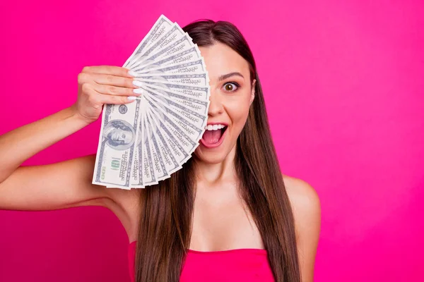 Close-up portrait of her she nice attractive lovely cheery funny funky glad impressed long-haired girl closing face with fan budget isolated on bright vivid shine vibrant pink fuchsia color background — Stock Photo, Image