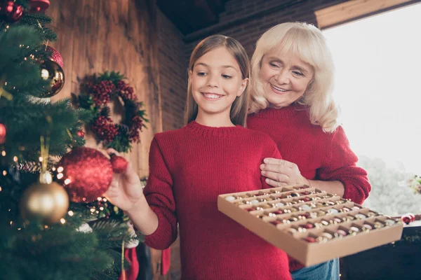 Porträtt av trevlig attraktiv vacker charmig söt glad glad glad drömmande mormor pre-teen barnbarn hängande leksaker på gran tillbringa dagen på dekorerad industriell tegel trä loft stil interiör hus — Stockfoto