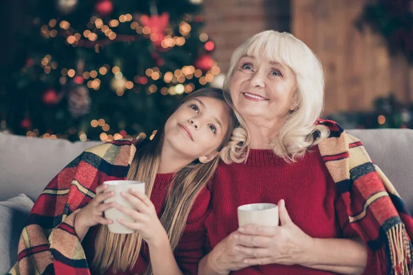 Närbild porträtt av trevlig attraktiv härlig drömmande lugn glad glad glad glad glad mormor pre-teen barnbarn dricka varm dryck på dekorerad industriell loft stil interiör hus rum inomhus — Stockfoto