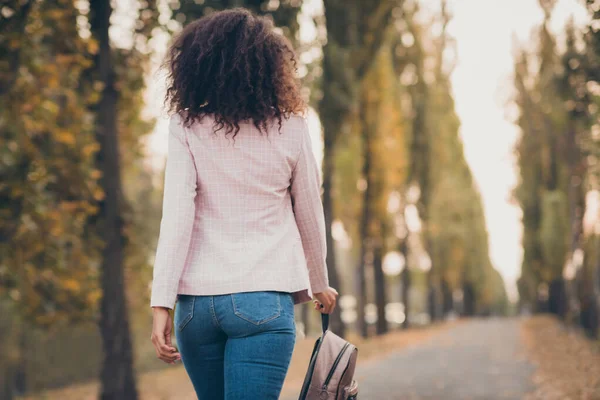 バックパックを持って大学講義後の魅力的な暗い肌の巻き女性の歩行公園の写真の後ろに戻る秋のシーズンは屋外のジャケットジーンズを着用 — ストック写真