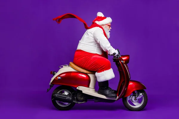 Foto de gordura Papai Noel avô apressando velocidade newyear x-mas festa tema por bicicleta desgaste óculos de sol calças chapéu suspensórios isolado roxo fundo — Fotografia de Stock