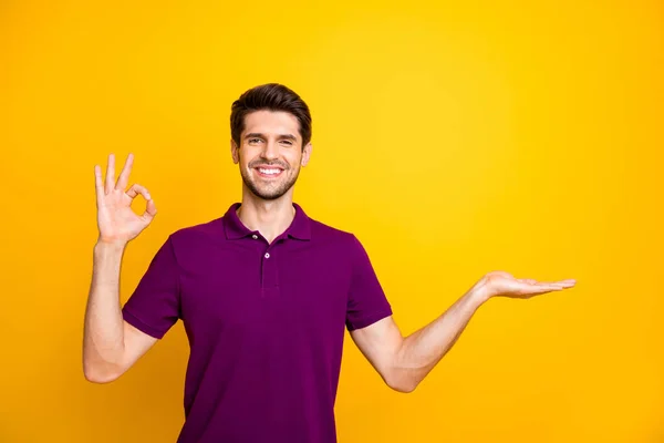 Retrato de su agradable contenido atractivo alegre alegre alegre chico con camisa lila celebración de espacio de copia en la palma que muestra ok-signo aislado en brillante brillo vivo vibrante color amarillo fondo — Foto de Stock