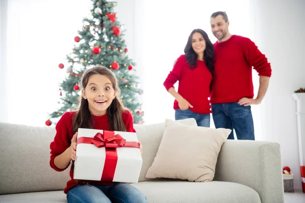 Portret van drie mooie mooie mooie charmante vrolijke blij familie genieten van kerstmis moeder vader bereid koele aankoop meisje zitten op divan in versierd licht wit interieur woonkamer — Stockfoto