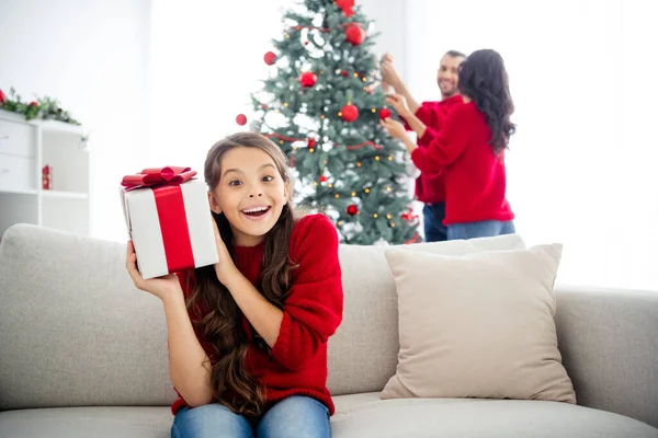 Portrét pěkné atraktivní krásné potěšené pozitivní veselá veselá radost rodina slaví těší volný čas slavnostní Vánoce sedí na divan v zdobené světle bílé interiéru obývacího pokoje — Stock fotografie