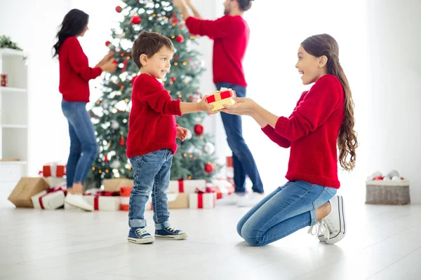 Portret van mooie aantrekkelijke lieve schattige charmante schattige vrolijke positieve blij familie vieren Nieuwjaar uitwisselen van geschenken in licht wit interieur woonkamer — Stockfoto