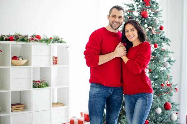Portret uroczej pary małżeńskiej poczuć romantyczny uścisk cieszyć Boże Narodzenie czas x-mas wakacje w domu z nowym dekoracji rok w pomieszczeniach — Zdjęcie stockowe