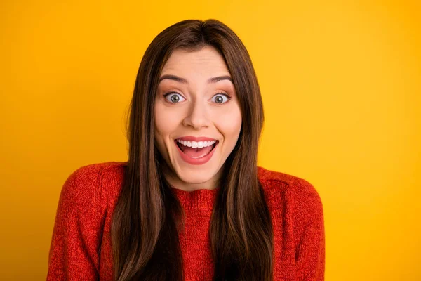 Close up photo of sweet lovely rejoicing trendy millennial youth ecstatic with emotional face expression smiling toothily stunned isolated over yellow vivid color background — Stock Photo, Image