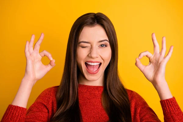 Närbild foto av glada positiva flicka promotor känner galen visa okej tecken rekommendera perfekt promo bära röd jumper isolerad över gul färg bakgrund — Stockfoto