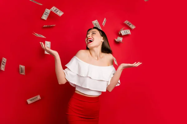 Portrait de la jeunesse séduisante regardant les billets à couper le souffle hurlent rire isolé sur fond rouge — Photo