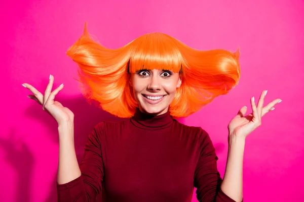 Close-up portrait of her she nice attractive lovely charming cheerful cheery glad funky girl wearing orange wig enjoying hairdo isolated over bright vivid shine vibrant pink fuchsia background — ストック写真