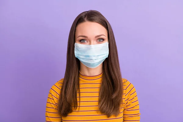 Close-up portrait of his he nice attractive lovely cute caucasian girl wearing reusable gauze mask decontamination stop flu flue grippe isolated on lilac violet purple pastel color background — Stock Photo, Image