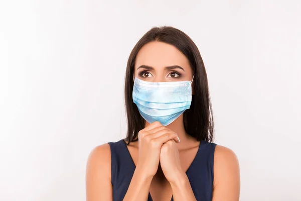 Close-up portrait of her she nice attractive lovely brown-haired girl wearing medicine mask asking stop contamination anti sickness illness disease spread isolated over grey pastel color background — Stock Photo, Image