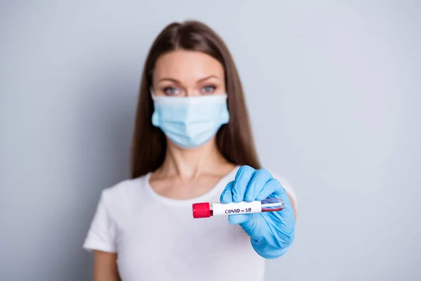 Foto de lady social distance avoid people contact hospital examination hold arm analysis giving doctor blood probe covid test corona virus wear face mask isolated grey color background —  Fotos de Stock