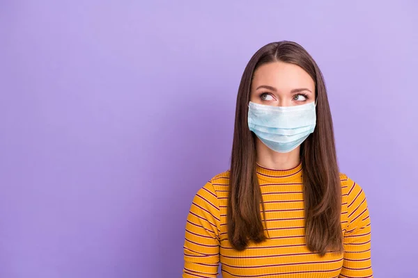 Close-up portrait of nice-looking attractive pensive creative girl wear gauze mask overthinking treatment preventive measures plan copy space isolated violet purple lilac pastel color background — Stock Photo, Image