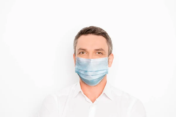Close-up portrait of his he attractive content guy wearing reusable gauze medicine mask health care pandemia decontamination isolated over white light pastel color background — Stock Photo, Image