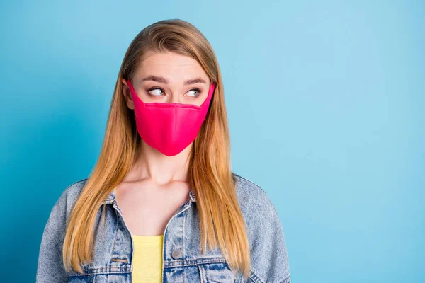 Closeup photo of pretty lady social distance concept not contact people look crowd side empty space wear bright protect face mask denim blazer isolated blue color background