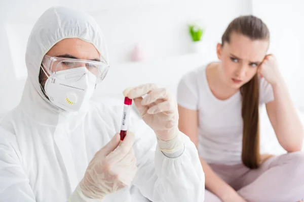 Photo of sick patient student lady unwell call emergency doc virologist collected blood probe flask flu cold covid symptom check tube wear mask gloves protective uniform bedroom indoors — Stock Photo, Image