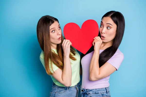 Photo of surprised lesbians couple ladies romance date hold big red paper heart shape peeking look eyes open mouth lovers wear casual t-shirts jeans isolated blue color background — Stock Photo, Image