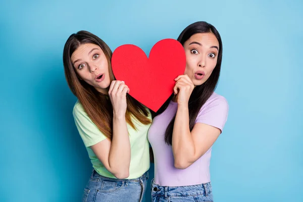 Foto di divertente sorpreso lesbiche coppia signore romanticismo data tenere grande rosso carta cuore forma sbirciando bocca aperta amanti anniversario indossare casual t-shirt jeans isolato colore blu sfondo — Foto Stock