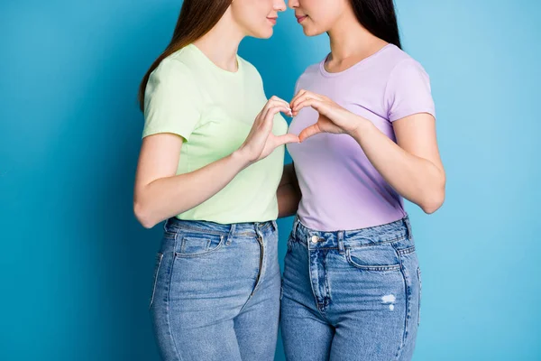 Ritagliato foto di sentimenti affettuosi lesbiche coppia giovani donne romantico data rendere le dita a forma di cuore simbolo magra teste amanti indossare casual t-shirt jeans isolato colore blu sfondo — Foto Stock