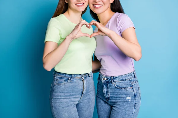 Foto recortada de lesbianas cariñosas pareja señoras jóvenes cita romántica hacer dedos corazón forma símbolo amantes del mismo sexo desgaste casual camisetas jean aislado color azul fondo — Foto de Stock