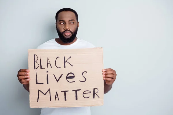 Photo of serious disappointed dark skin african protester placard community against black citizens civil lawlessness stop murder different colored people concept isolated grey background — Stock Photo, Image