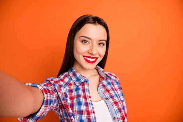 Close up photo of nice pretty girl have summer trip holiday make selfie wear good looking checkered shirt isolated over vibrant color background — Stock fotografie