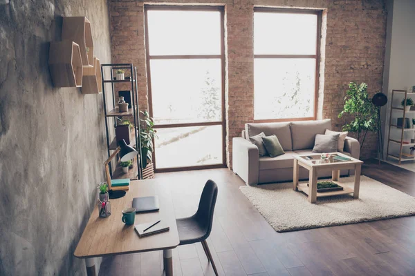 Foto de gran salón espacioso donde usted puede permanecer covid-19 cuarentena con muebles cómodos escritorio diván brillante sol luz ventana planta flor — Foto de Stock