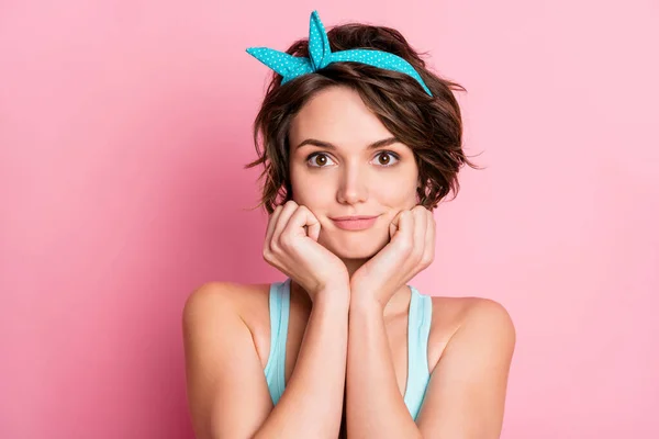 Close-up portrait of her she nice attractive lovely pretty cute winsome charming calm content cheery girl wearing blue pin-up isolated over pink pastel color background — Stock Photo, Image