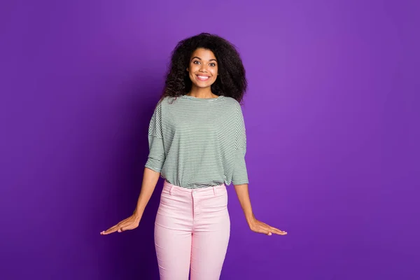 Portrait of charming girlish cheerful afro american girl have holidays feel candid good look wear casual style outfit isolated over purple color background — Stock Photo, Image