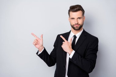 Portrait of smart cool worker man point index finger copy space indicate ads promo wear formalwear clothing isolated over grey color background clipart