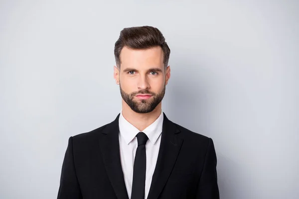 Close up photo of confident cool marketer worker man good look in camera real entrepreneur wear formalwear isolated over grey color background