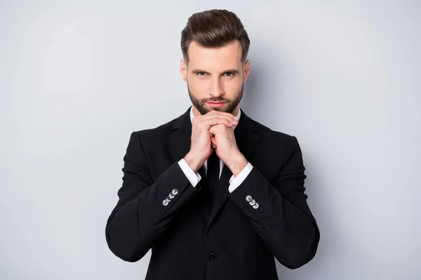 Portrait of focused minded boss entrepreneur man plan how he make his company profitable successful touch hands chin wear good looking classy outfit isolated over grey color background — Stock Photo, Image