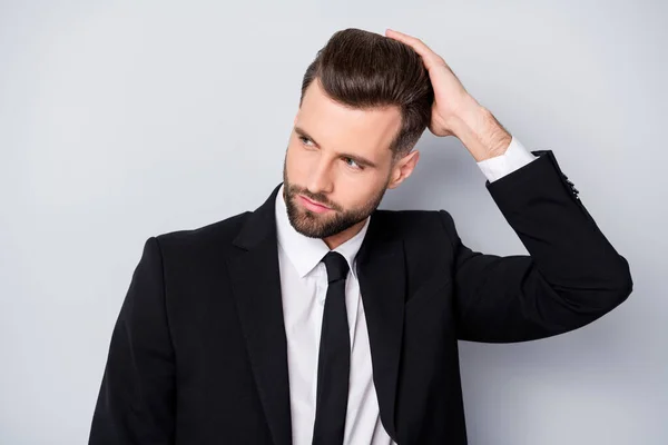Profile side photo of stunning virile man company worker want attract woman look copyspace touch hygiene hair wash anti dander shampoo wear black jacket blazer isolated grey color background