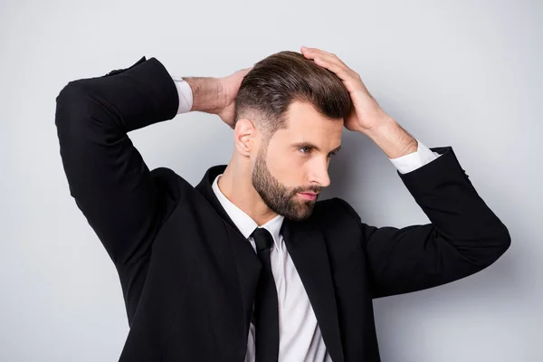 Profile side photo of luxury style stunning company worker man prepare business corporate event touch hair enjoy antidander gel effect wear black jacket blazer isolated grey color background — Stock Photo, Image