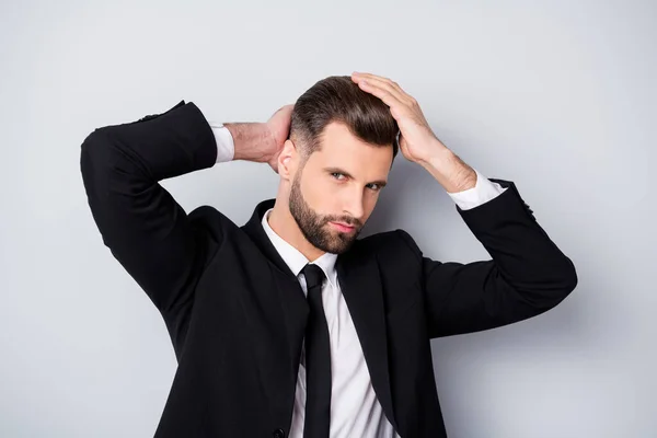 Close up photo of stunning masculine chief worker look mirror prepare business meeting wash his hair with anti dander gel touch hair wear black jacket blazer isolated grey color background — Stock Photo, Image