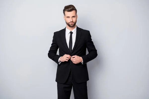 Portrait of cool successful entrepreneur look mirror prepare for business meeting correct button wear classy pants trousers isolated over grey color background