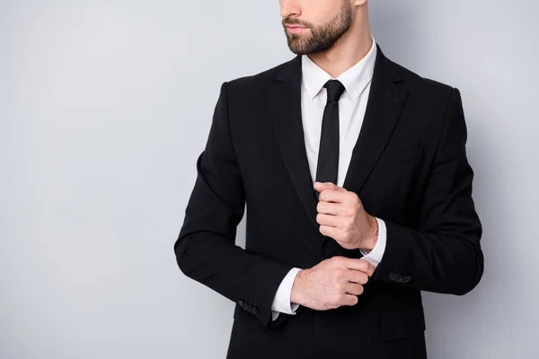 Cropped profile side photo of imposing charming man worker start-up leader adjust button sleeves look copyspace prepare partnership meeting wear classy outfit isolated grey color background — Stock Photo, Image