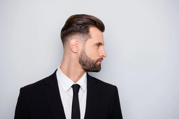 Profile side photo of serious smart investor man look copyspace listen to his collars wear classy outfit isolated over grey color background — Stock Photo, Image