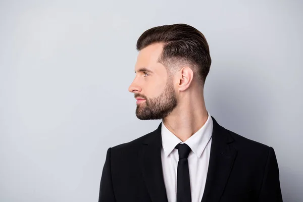 Profile side photo of strict masculine entrepreneur look copyspace listen to his employee wear formalwear stylish classy outfit isolated over grey color background — Stock Photo, Image