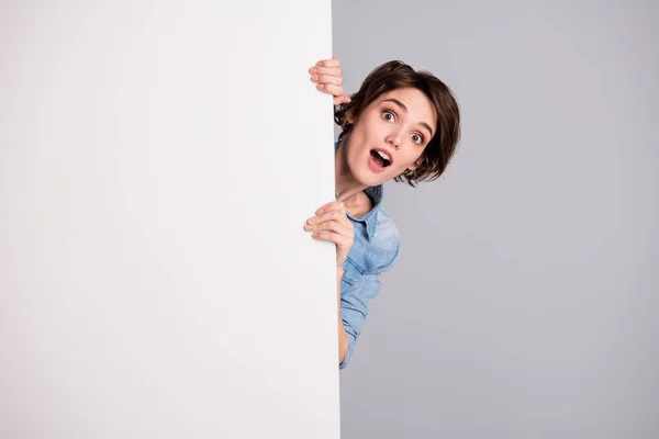 Photo of funny pretty cheerful lady holding hands empty paper poster proposing buy advert place look interested peeking side wear casual denim shirt isolated grey color background — Stock Photo, Image