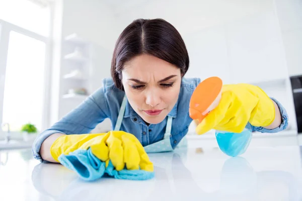 Close-up portrait of her she nice attractive careful focused hardworking housewife cleansing surface wiping dusty table using spray sanitizing in modern light white interior kitchen house