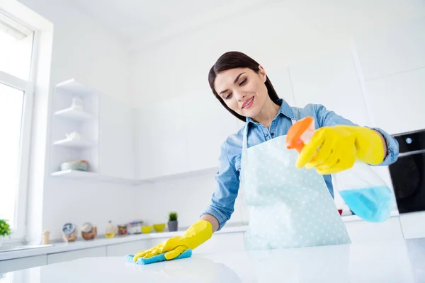 Retrato de ella ella agradable atractivo enfocado alegre ama de casa limpiando la superficie limpiando la mesa polvorienta usando aerosol antibacteriano en la casa de la cocina interior blanca luz moderna —  Fotos de Stock